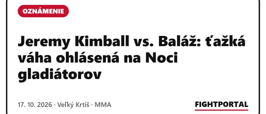 Jeremy Kimball vs. Baláž: ťažká váha ohlásená na Noci gladiátorov